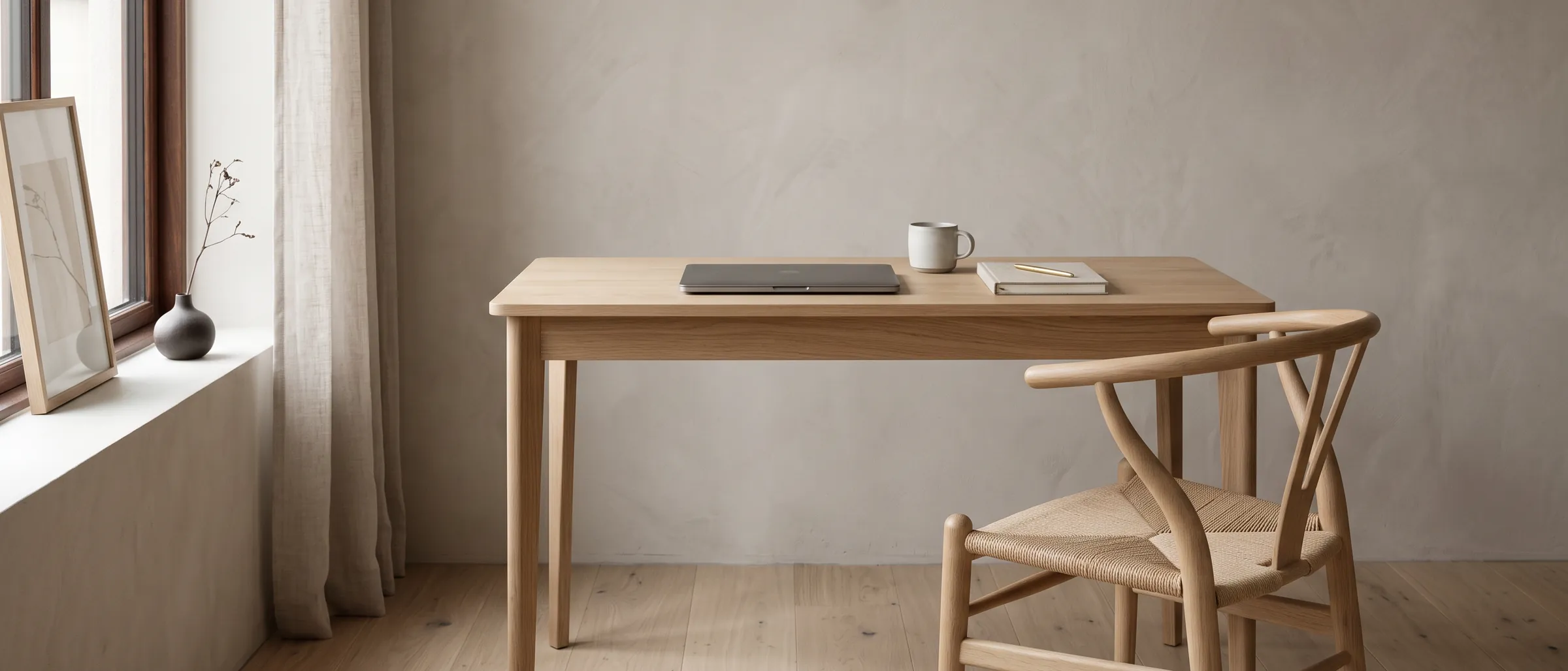 Escritorio de roble claro con una laptop cerrada y una silla de diseño junto a una ventana con luz natural